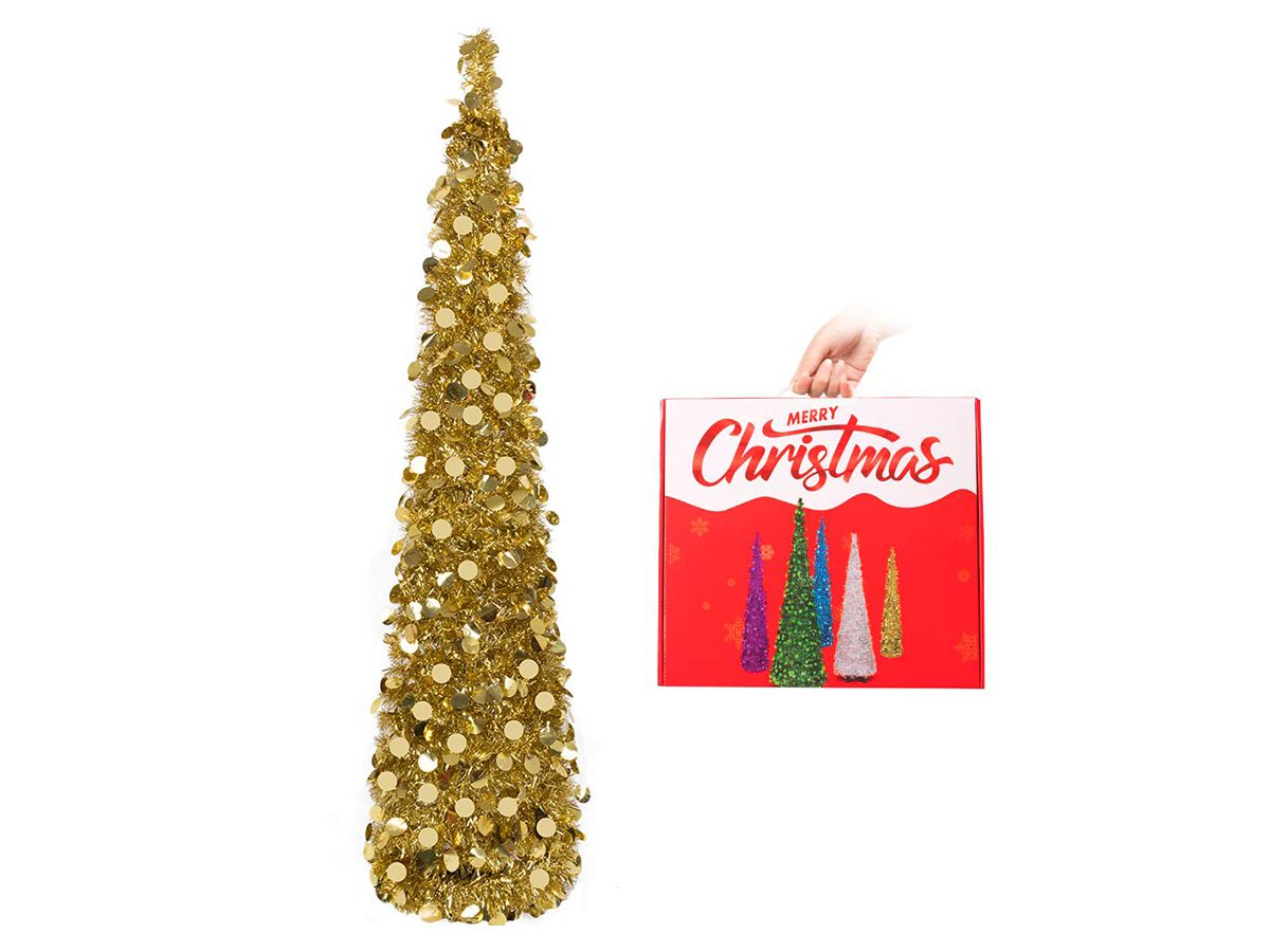 N&T NIETING Christmas Tree, 5ft Collapsible Pop Up Gold Tinsel Christmas Tree