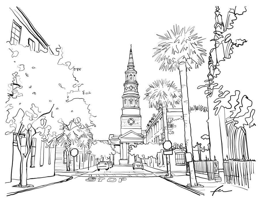 Charleston's Church Street Coloring Page by Fer Caggiano