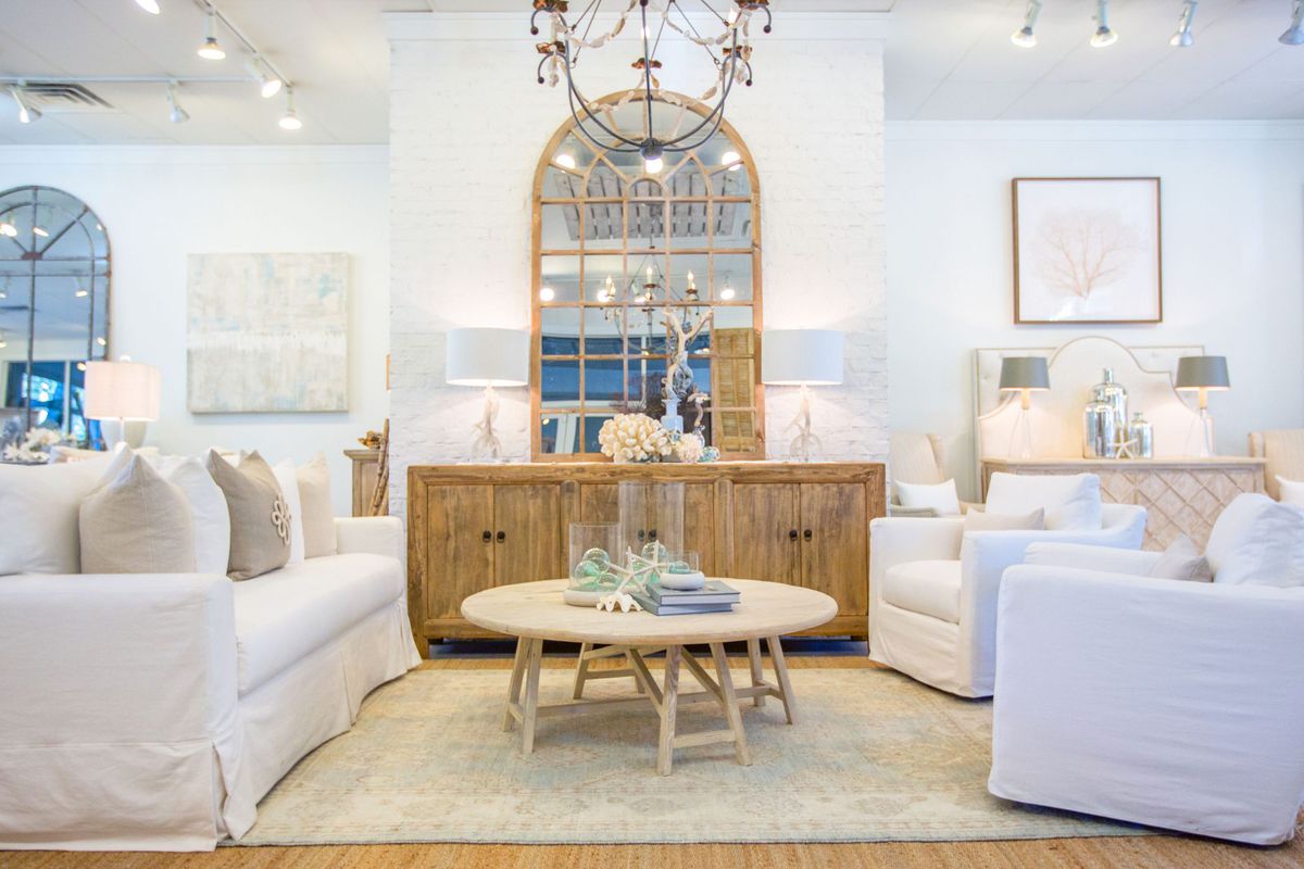 A staged living room in Beau Interiors, a home decorating store in Grayton Beach, Florida, on 30A.
