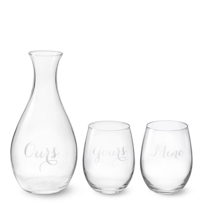 Yours, Mine, Ours Stemless Wine Glasses & Decanter Set