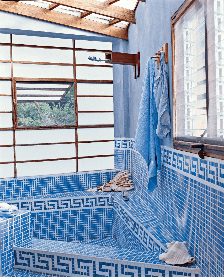 Blue and White Tile Bathroom