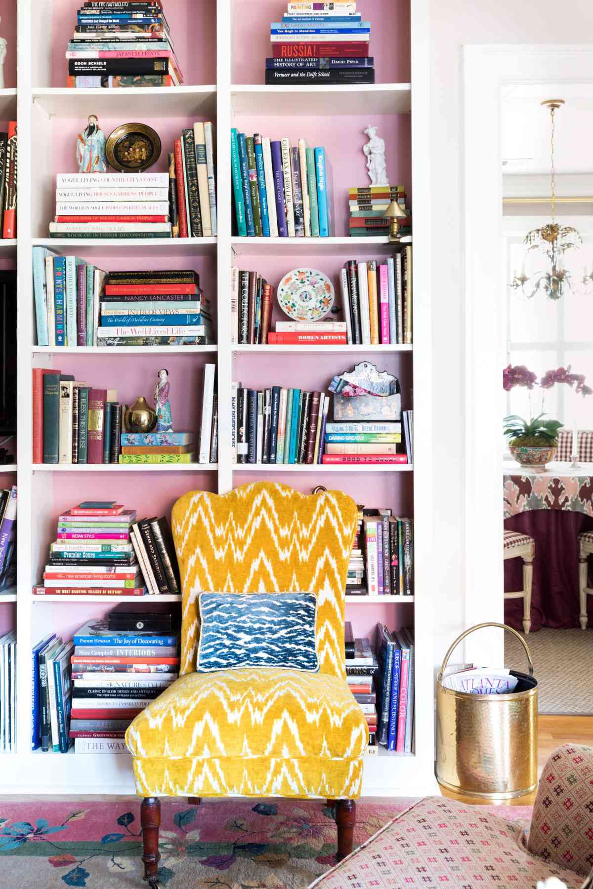 Built in Bookshelves with Pink Backs