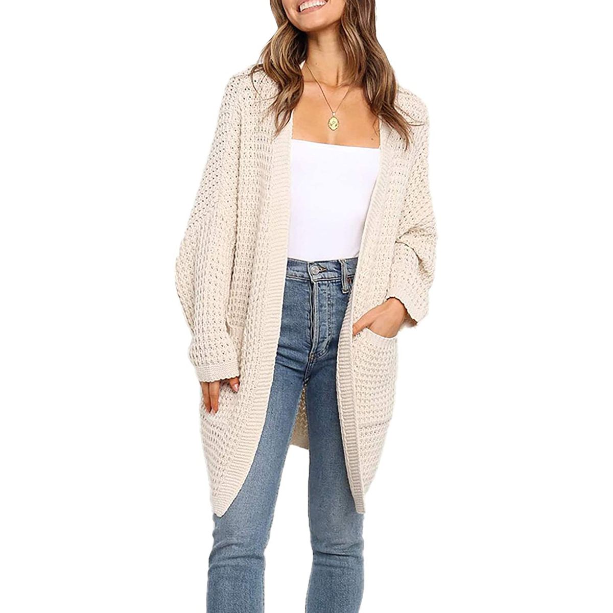 Andongnywell Womens Cardigan Striped Sweaters Open Front Colorblock Knit Coat Outwear Boho Pockets Loose Long Pullover 