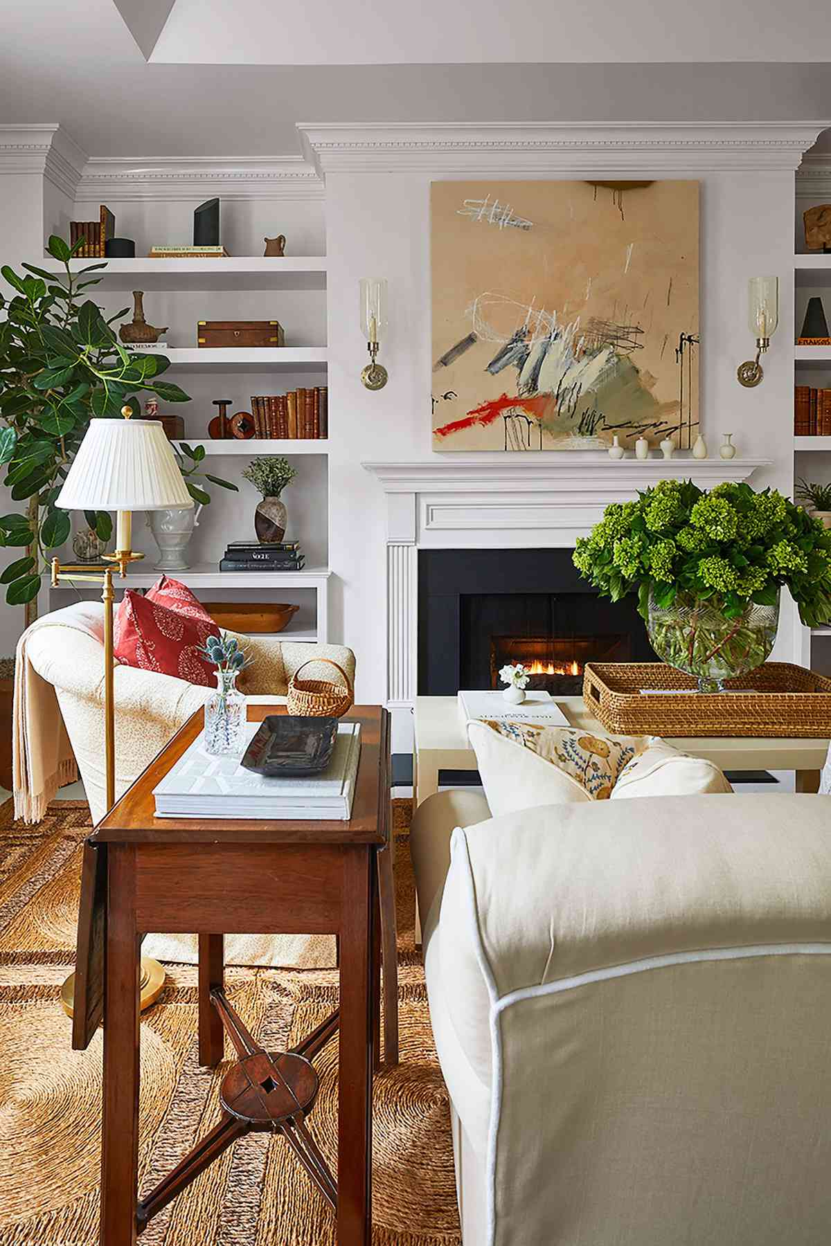 Neutral living room with pops of prints and textures