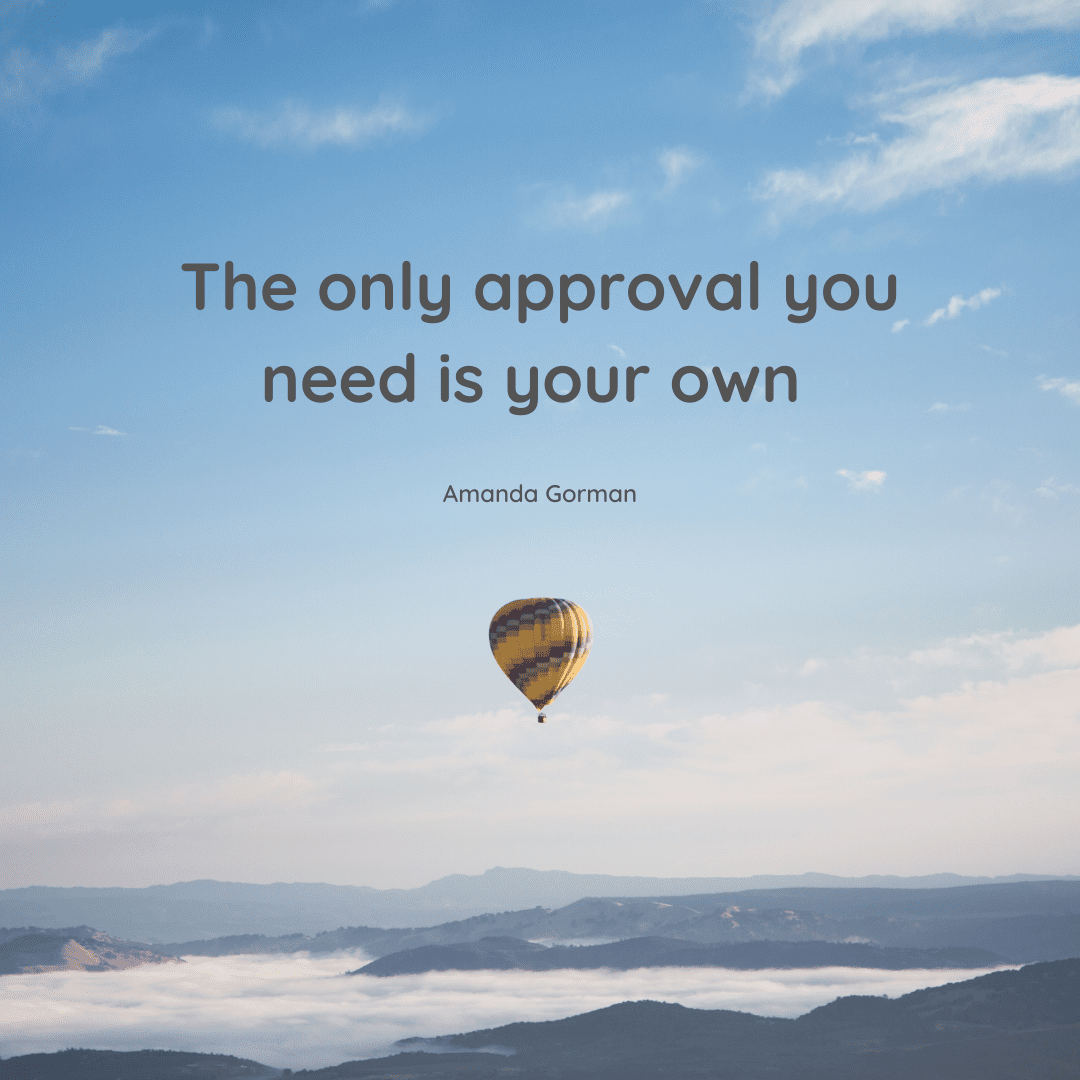 Amanda Gorman inspirational quote on approval with hot air balloon