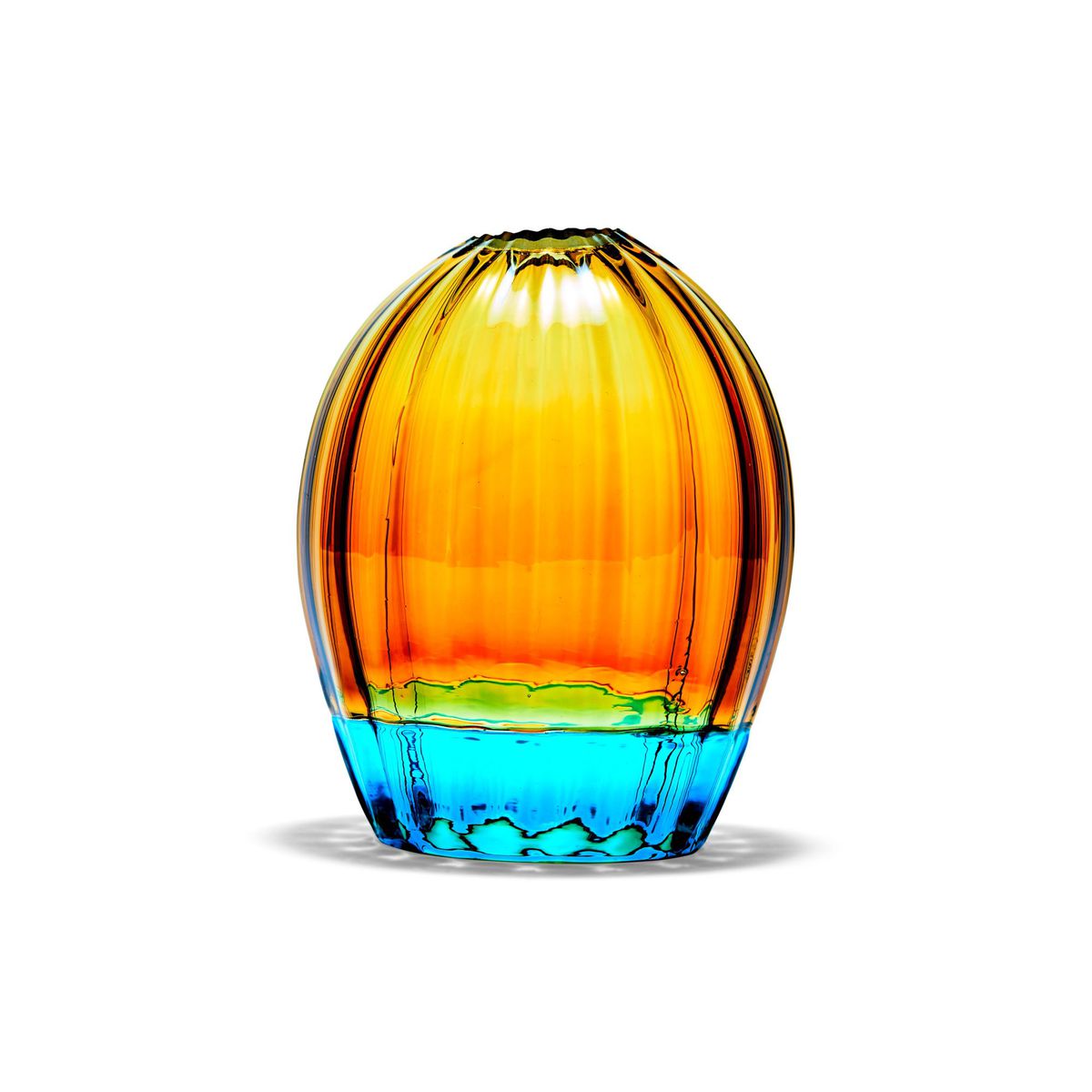 Orange and blue blown glass pendant by Kathryn Adams