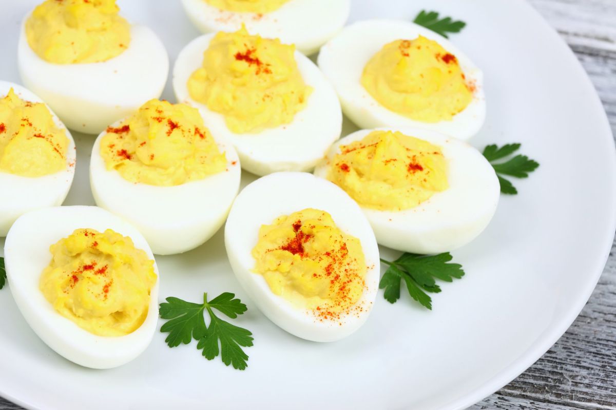 Deviled eggs filled with blend of yolks, mayonnaise and mustard