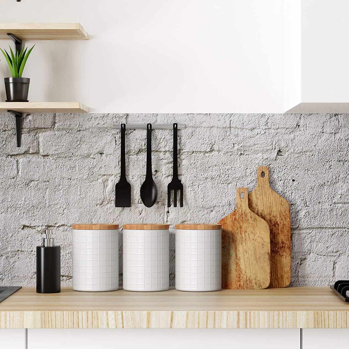White Kitchen Canisters with Wood Lid