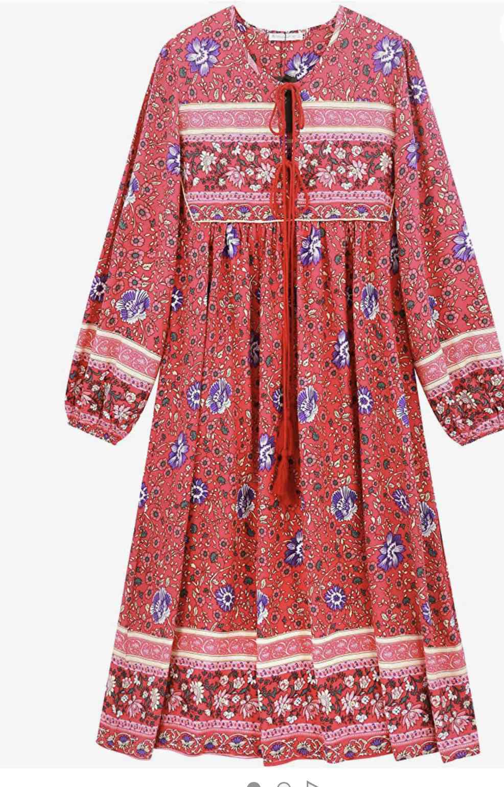 R.Vivimos Women's Long Sleeve Floral Print Retro V Neck Tassel Bohemian Midi Dresses 1