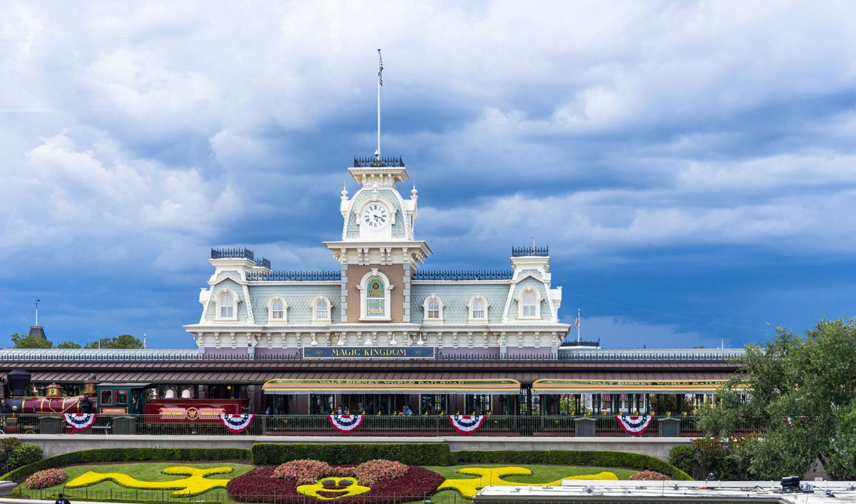 Entrance building of the Walt Disney's Magic Kingdom park during an overcast day
