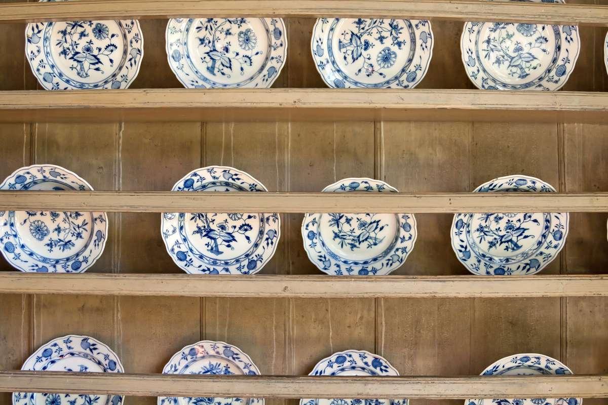 Blue and White China on Display Shelves