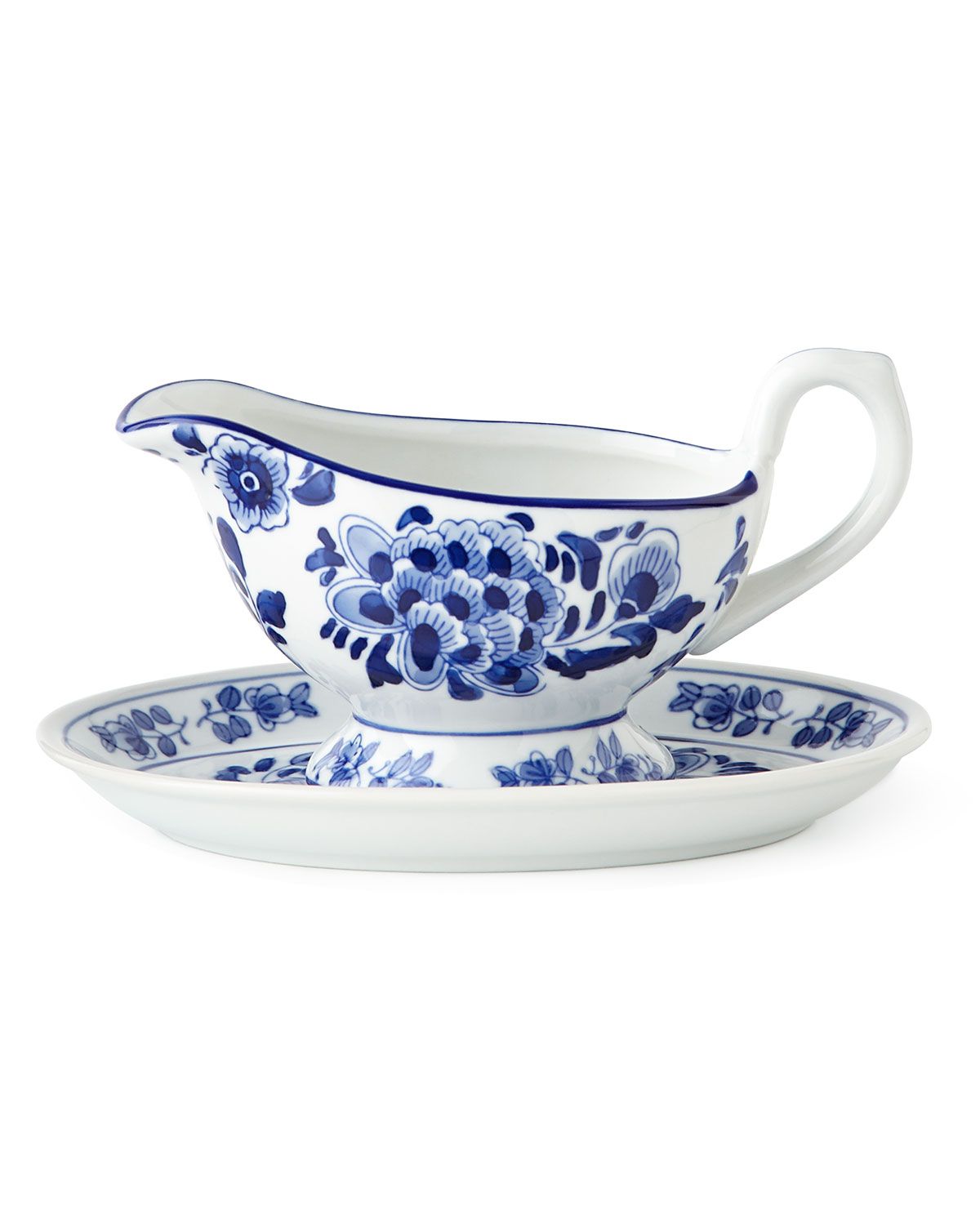 Neiman Marcus Blue and White Gravy Boat and Stand