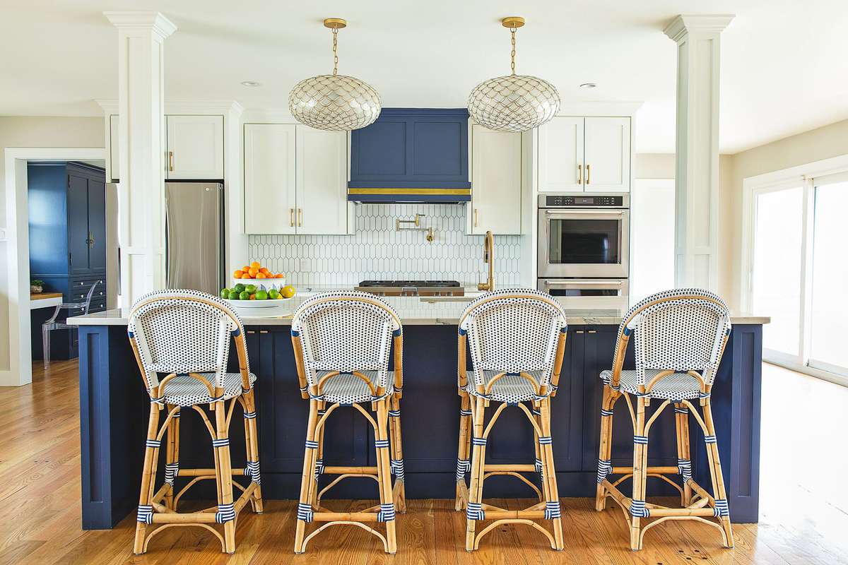 Blue and White Kitchen with Serena and Lily Barstools