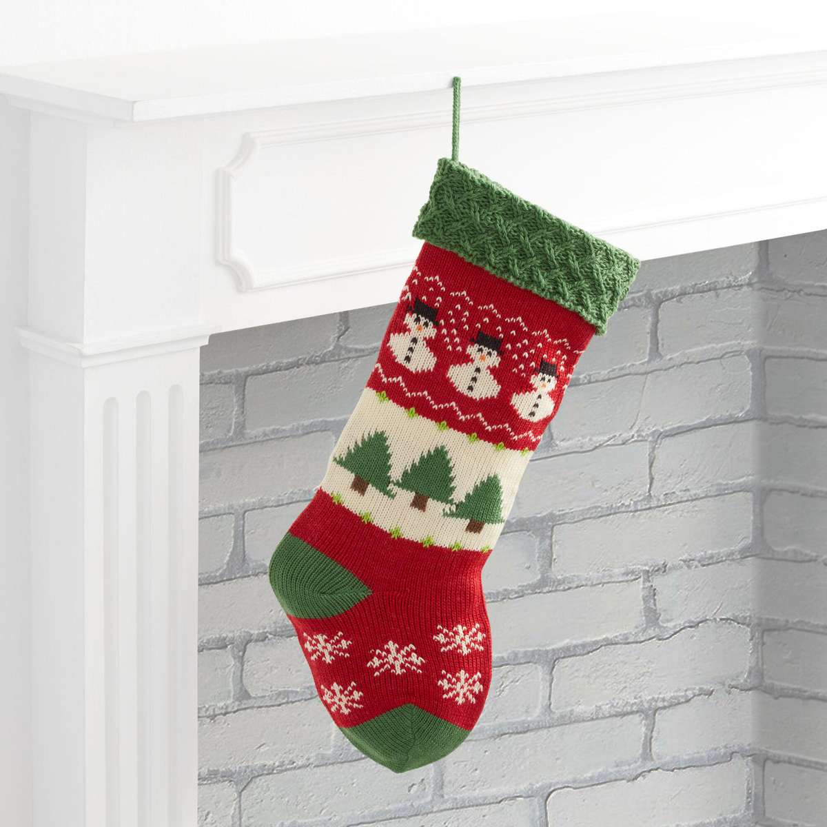 Red and Green Snowman Knit Christmas Stocking