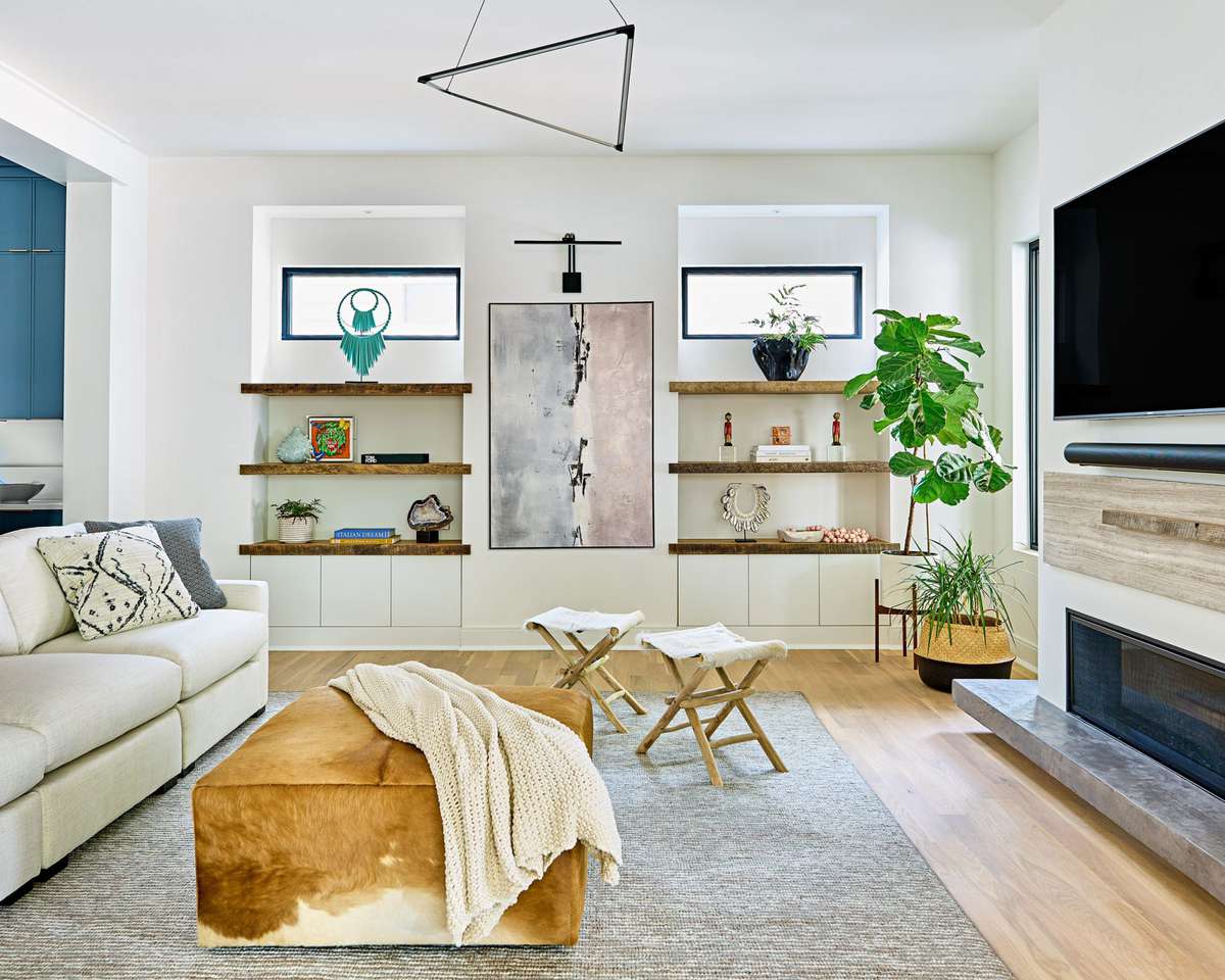 White Living Room with Reclaimed Built-In Bookshelves
