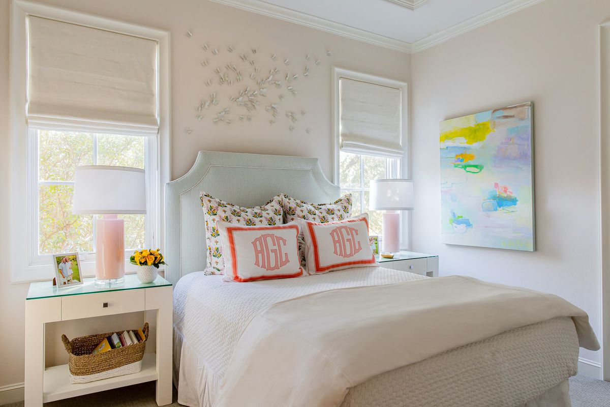 Benjamin Moore, Sheer Pink bedroom monogramed pillows colorful bedroom