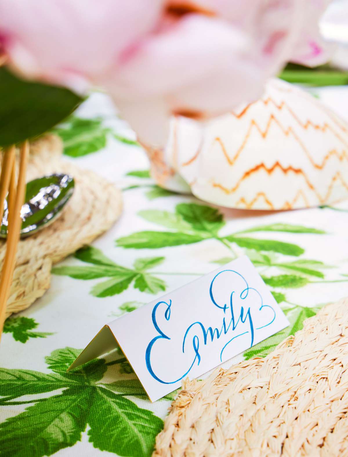 Emily Painter Green and White Table Setting with Calligraphy Place Cards