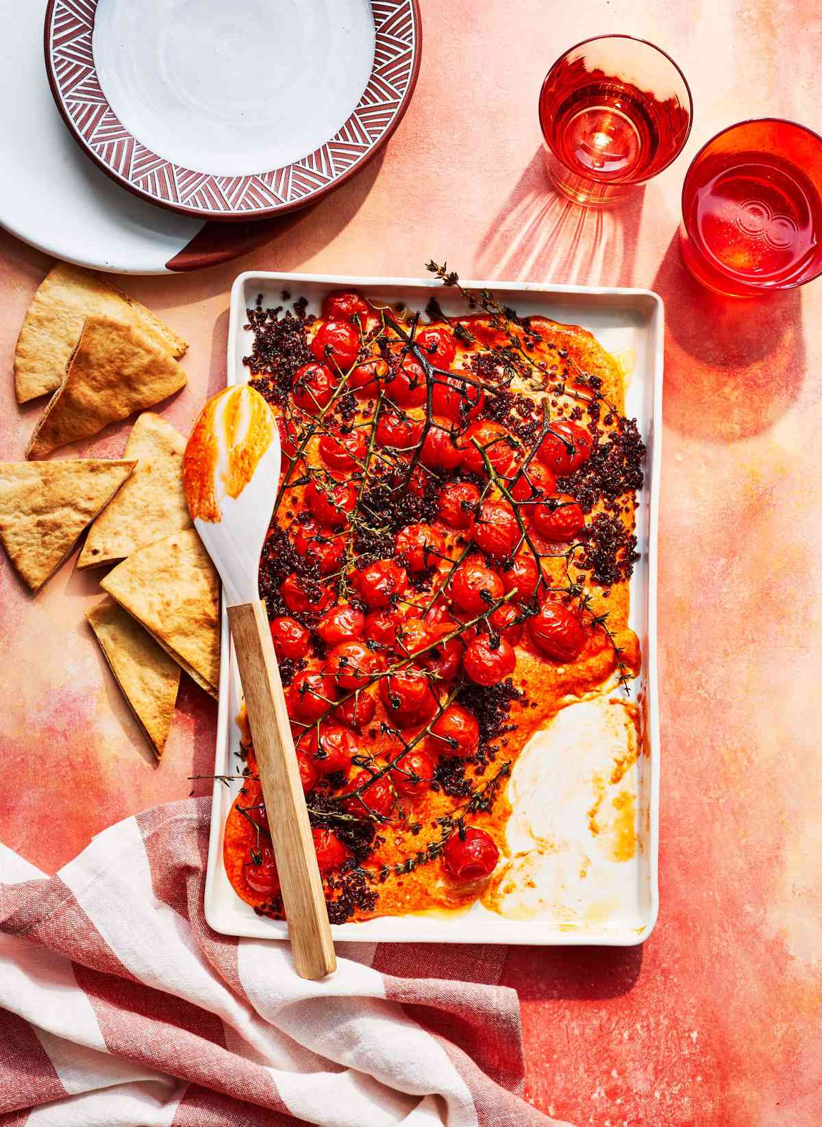 Blistered Cherry Tomatoes with Red Pepper-Feta Spread