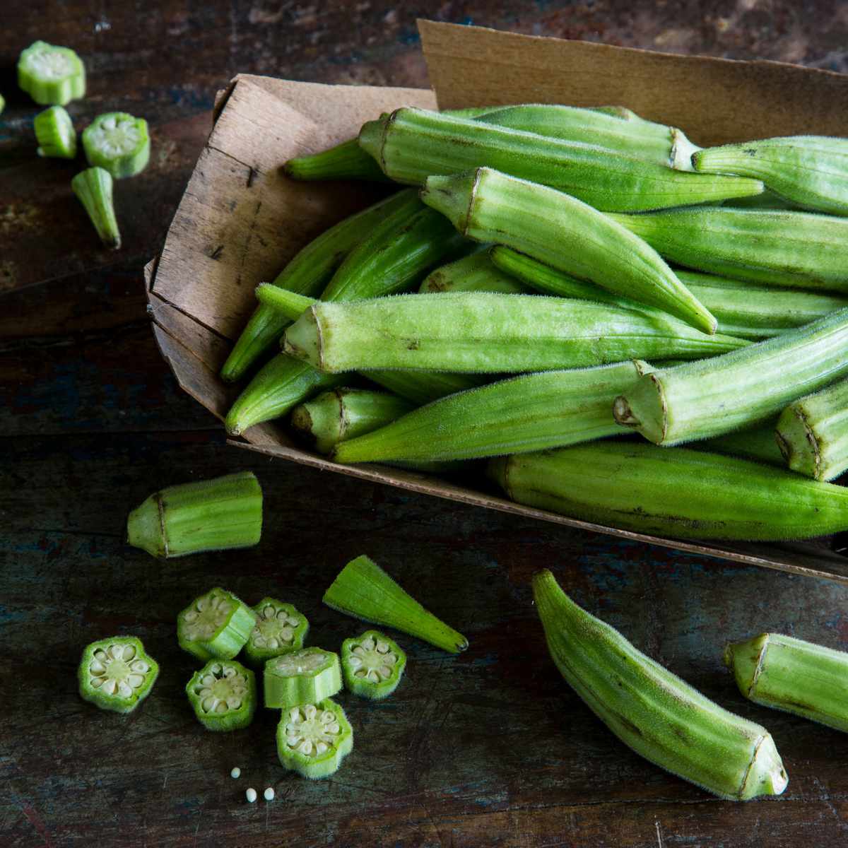 okra in a box and on a table