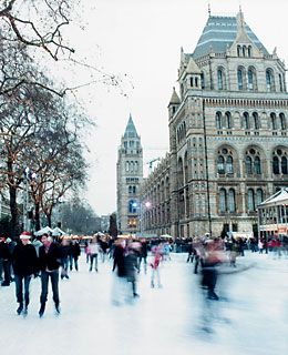 Ice skaters at London's Natural History Museum Ice Rink, in South Kensington.