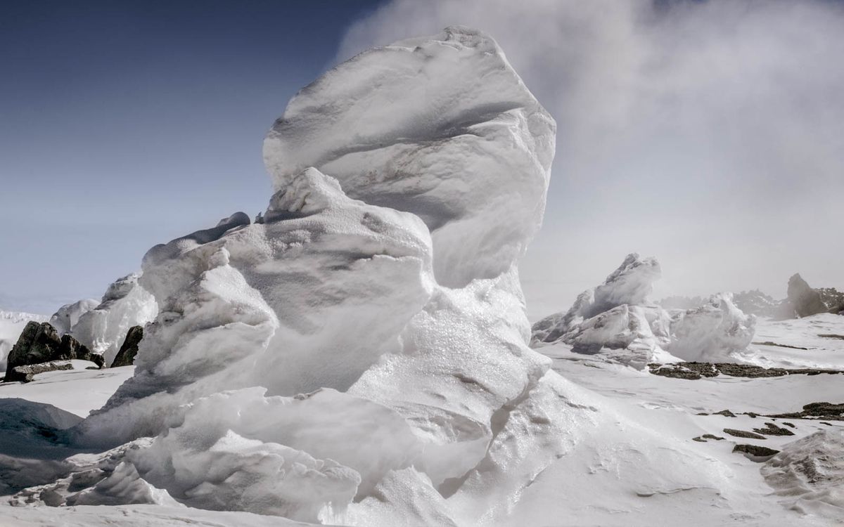 Ice towers formed by steam vents on the slopes of Mount Erebus, Antarctica