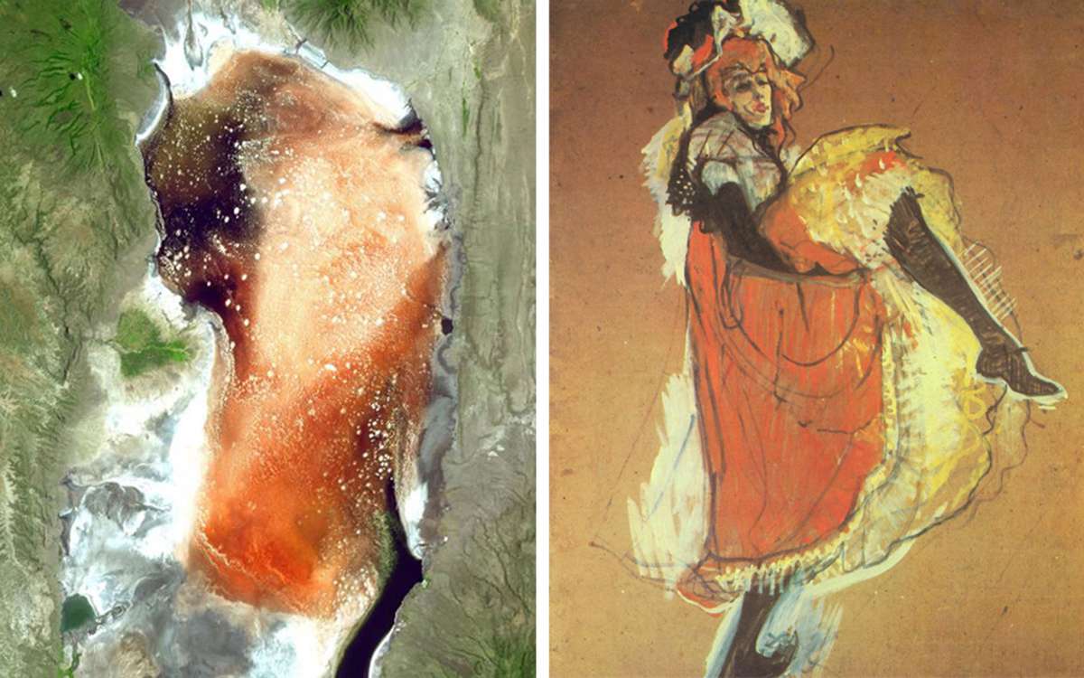 Pictured left: Lake Natron in Tanzania, on March 8, 2003; Pictured right: Henri De Toulouse-Lautrec, Jane Avril Dancing, 1893