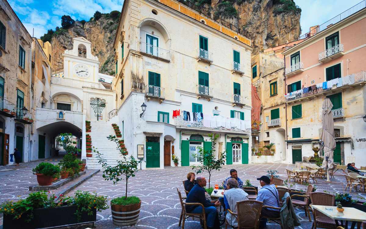 Italy, Campania, Amalfi Coast, Atrani, Cafe at Piazza Umberto