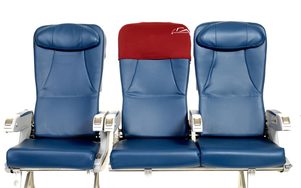 The HeadDEFENDER covers the top of your airplane seat.