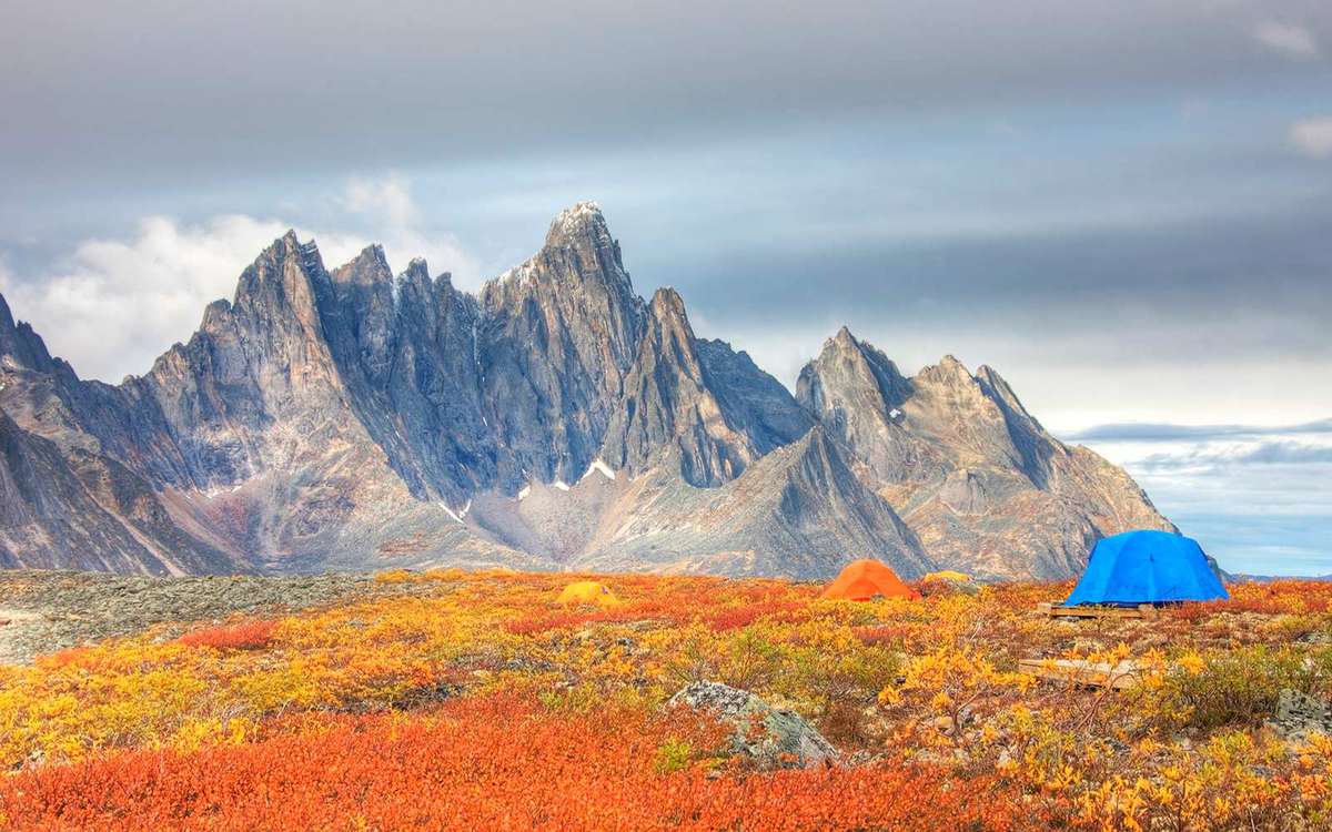 Camping in the Tombstone Valley in front of Tombstone Mountain, Yukon, Canada