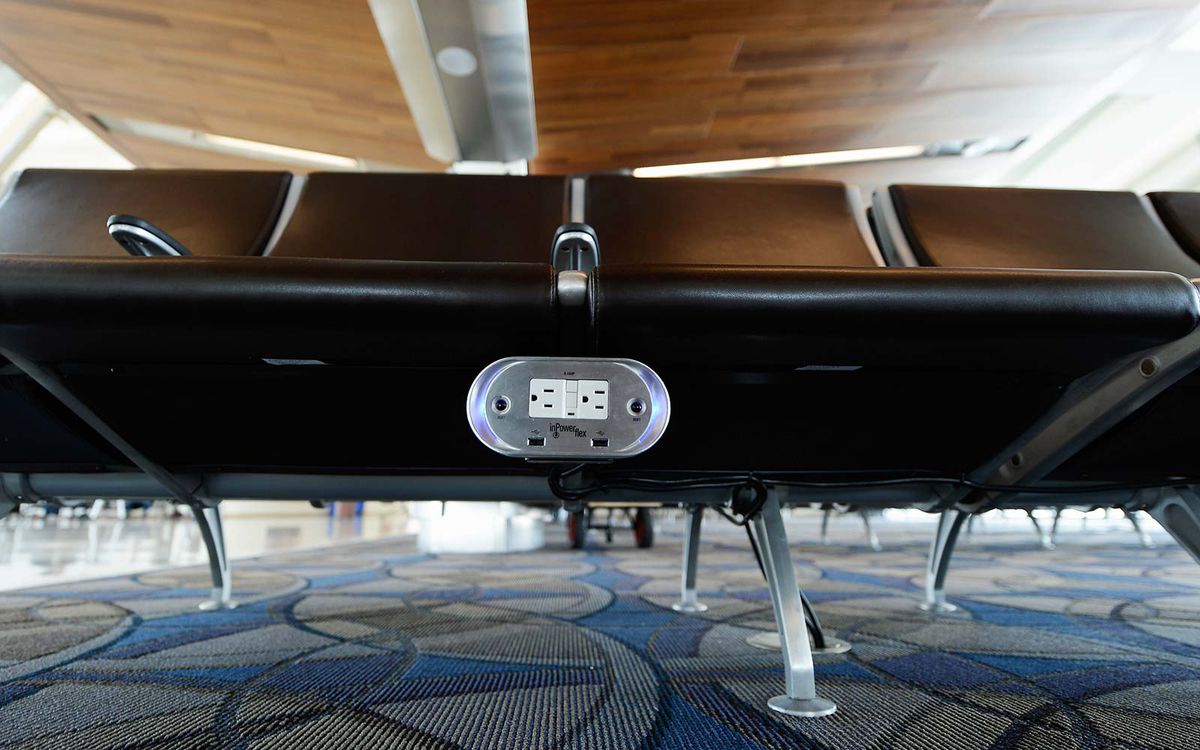 Power outlets are placed under every bench of the new north concourse the Tom Bradley International Terminal at Los Angeles