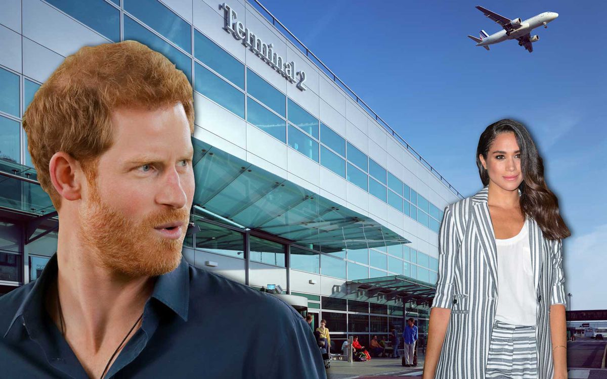 Illustration of Prince Harry and Meghan Markle at Heathrow Airport London