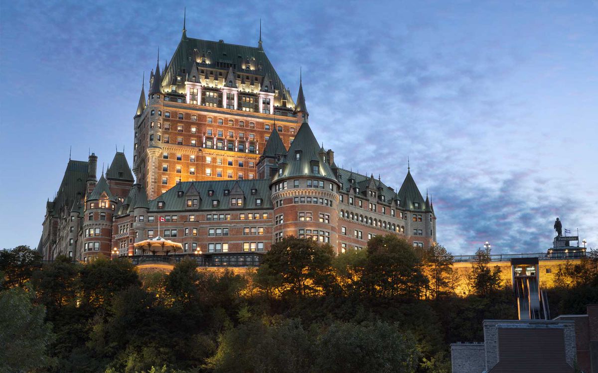 Fairmont Le Chateau Frontenac luxury hotel in Quebec, Canada, at night