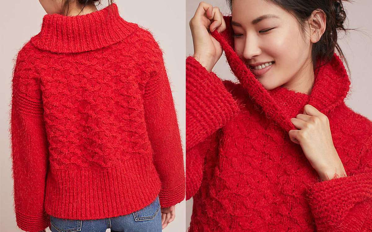 Red knit sweater from Anthropologie