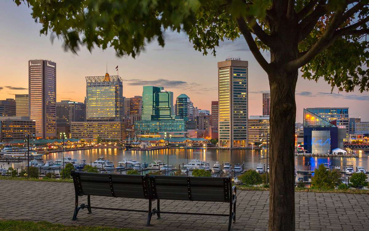 Federal Hill Park Benches and View of Downton Baltimore, Maryland