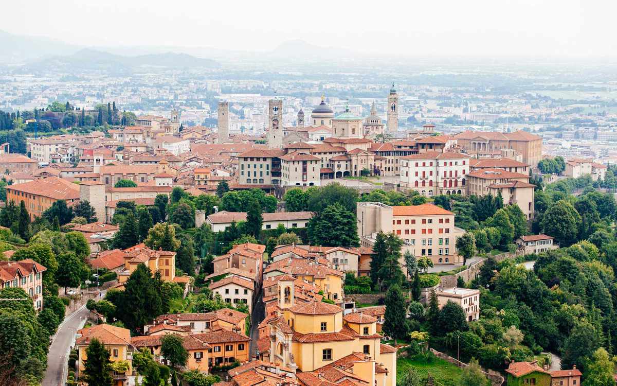 Aerial view of Bergamo old town cityscape, Lombardy, Italy