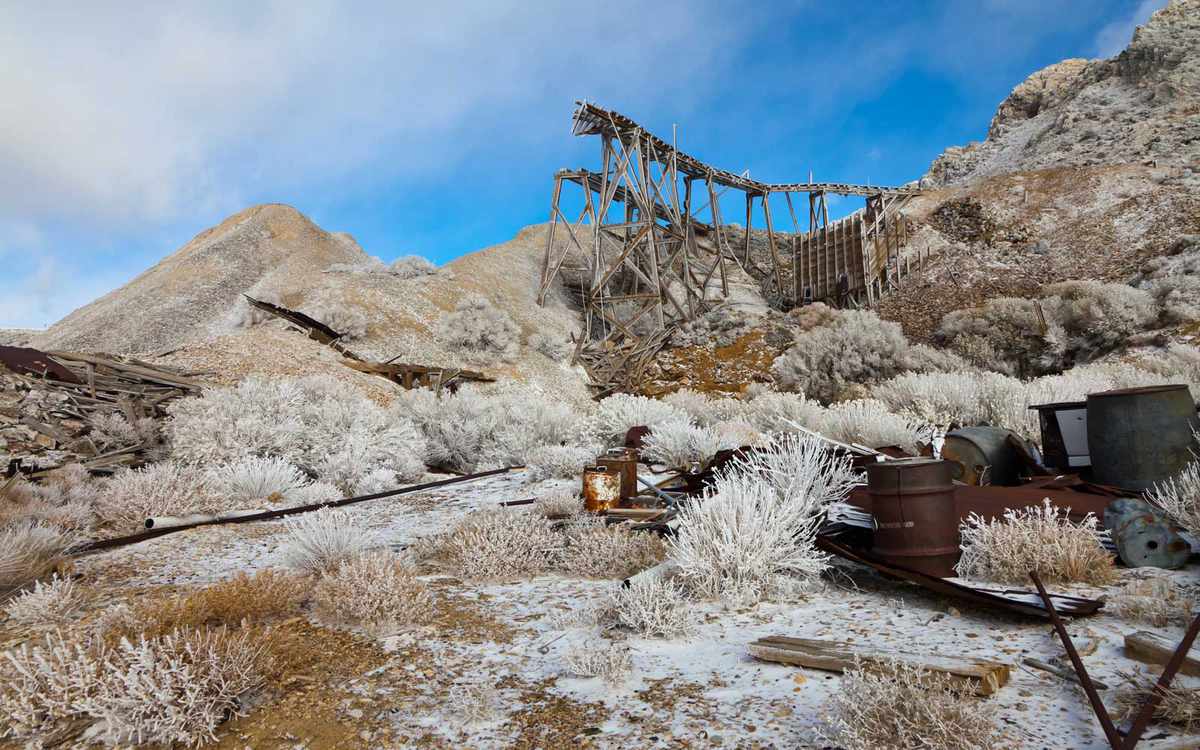 Tram trestle in a high altitude ghost mining town, Cerro Gordo