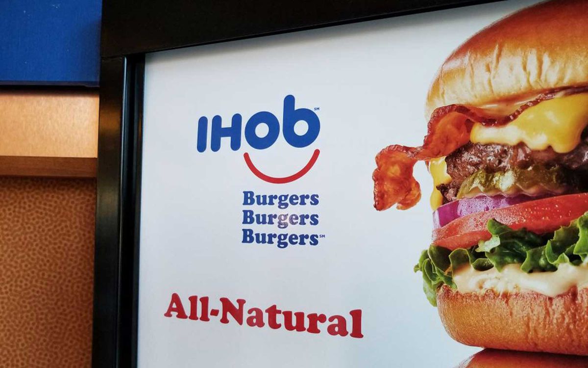 Close-up of sign with IHoB (International House of Burgers) logo, following pancake restaurant International House of Pancake's (IHoP) decision to change its name to IHoB