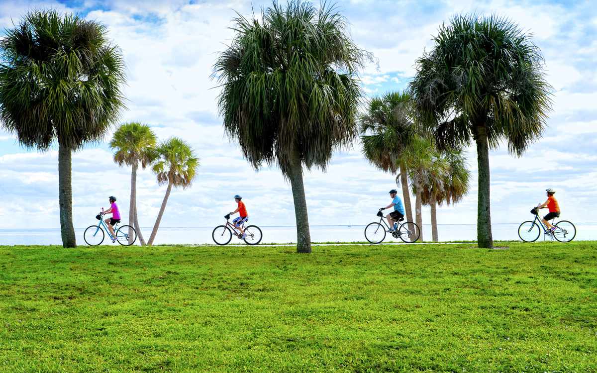 Bicycling along Tampa Bay in one of the waterfront parks in Saint Petersburg, Florida.