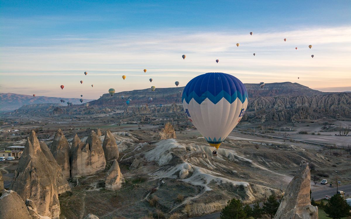 Hot Air Balloons, Rock Formations, Nevsehir, Cappadocia, Turkey