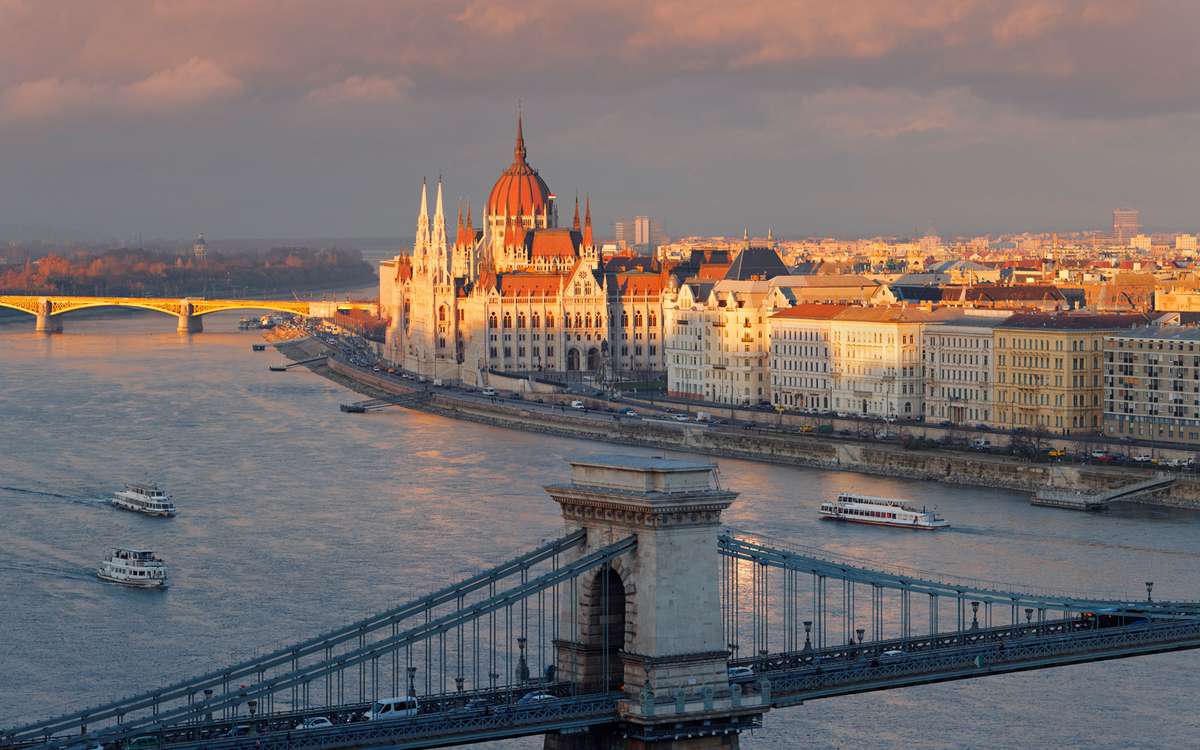 sunset on the Danube in Budapest, Hungary