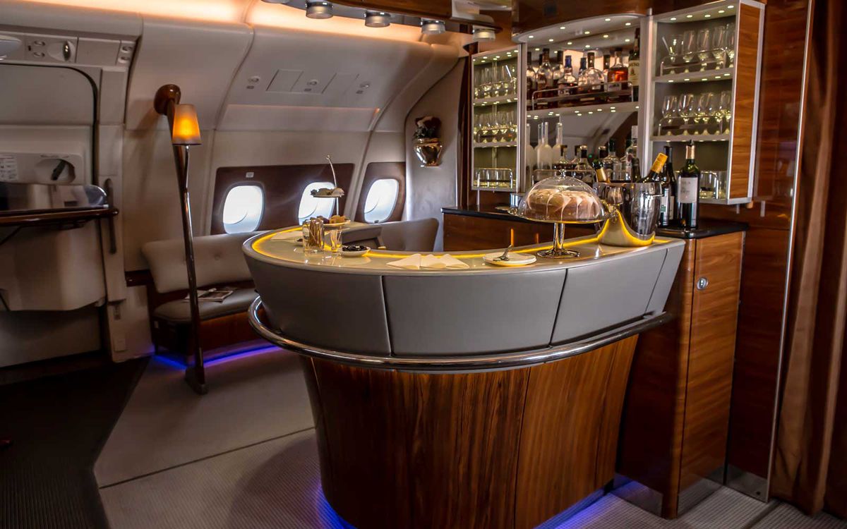 The A380 features an onboard bar and lounge area in business class.