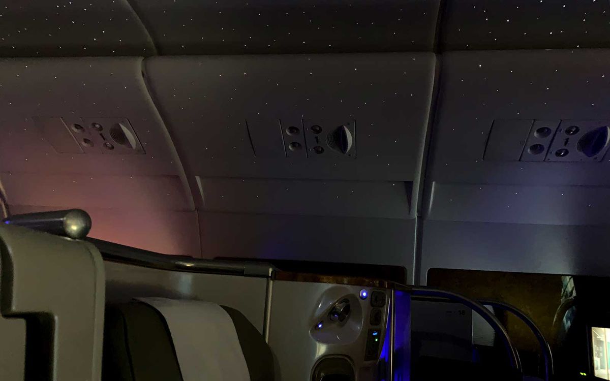 Cabin crew will turn on mood lighting with twinkling lights to help passengers sleep.