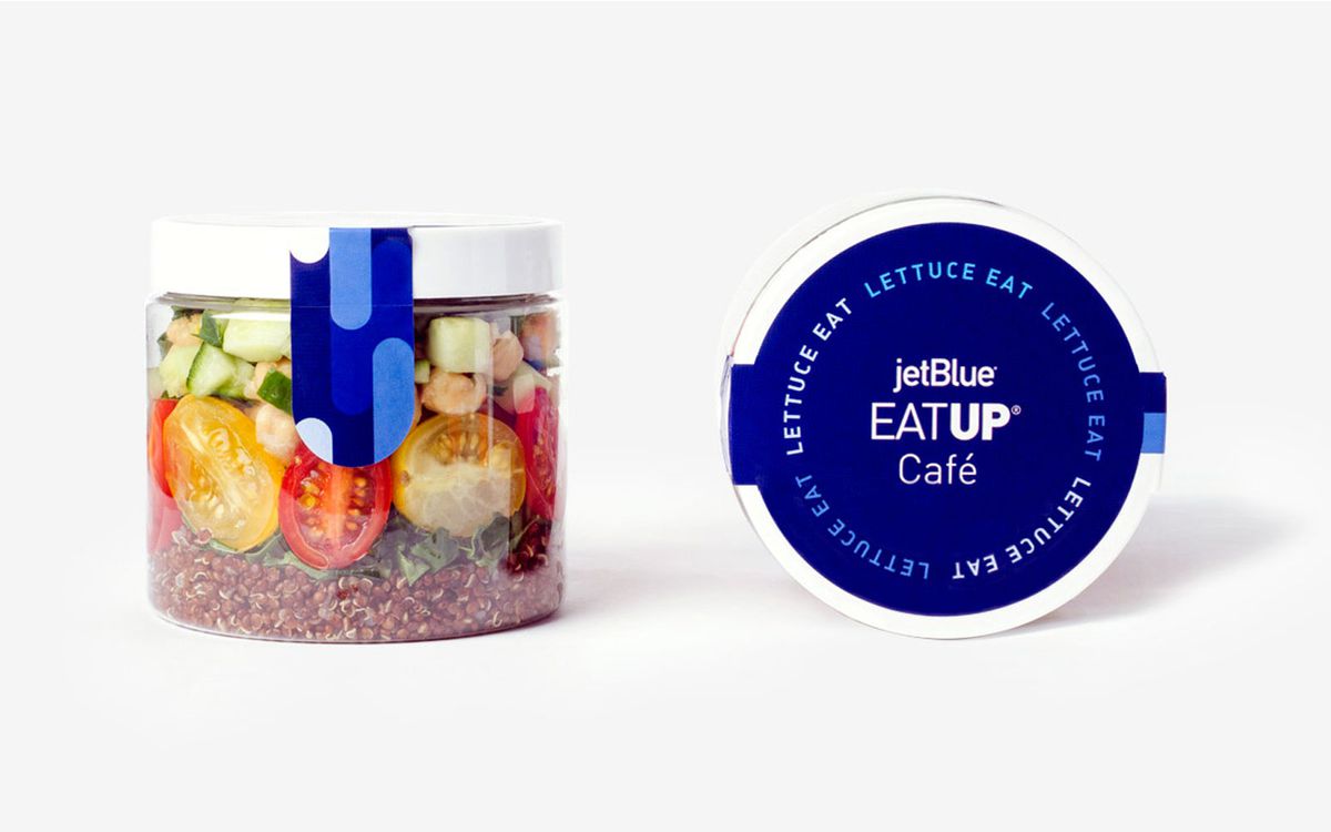 JetBlue's salad shakers combine fresh ingredients like kale, quinoa, cucumber, tomatoes, and chopped herbs.