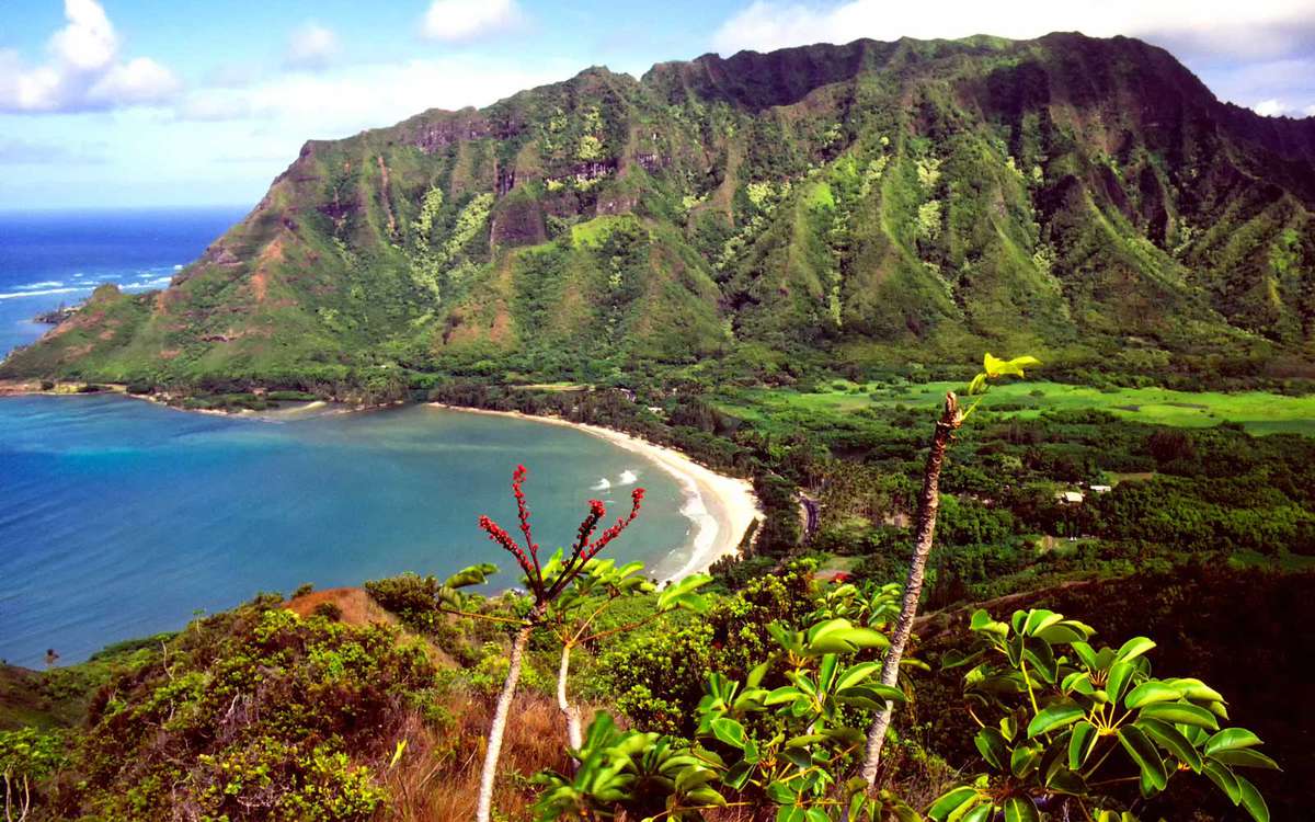 Kahana Bay, View from Puu Piei Trail, Kahana Valley, Koolau Mountains, Oahu, Hawaii