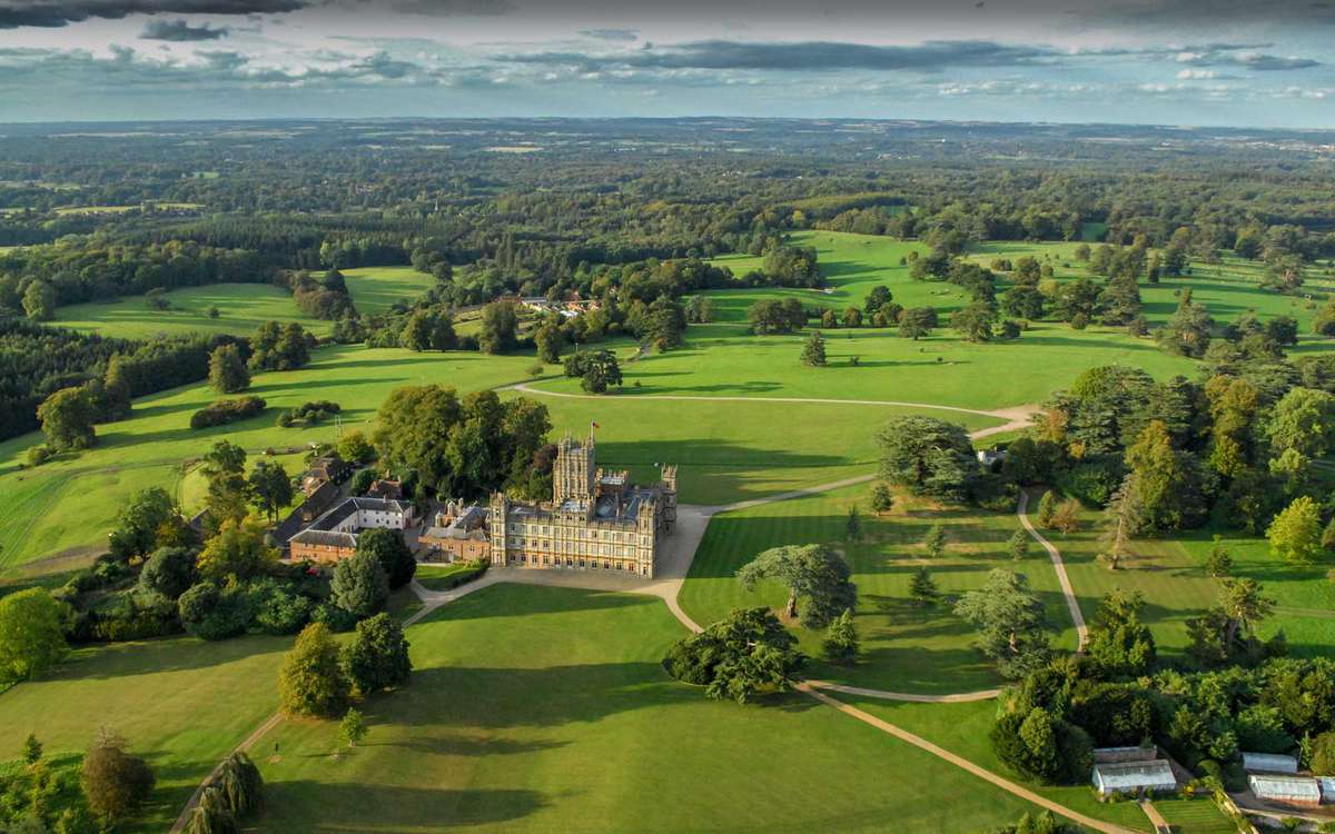 Aerial photograph of the Earl of Carnarvon's Highclere Castle, Hampshire