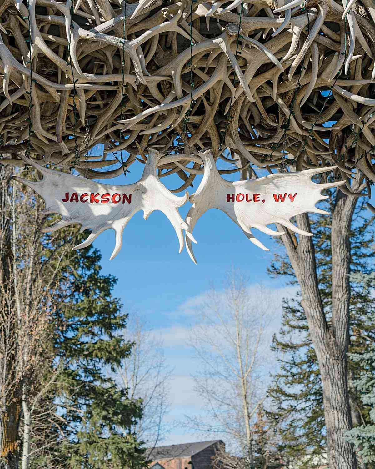 An arch made of antlers in Jackson Hole, Wyoming
