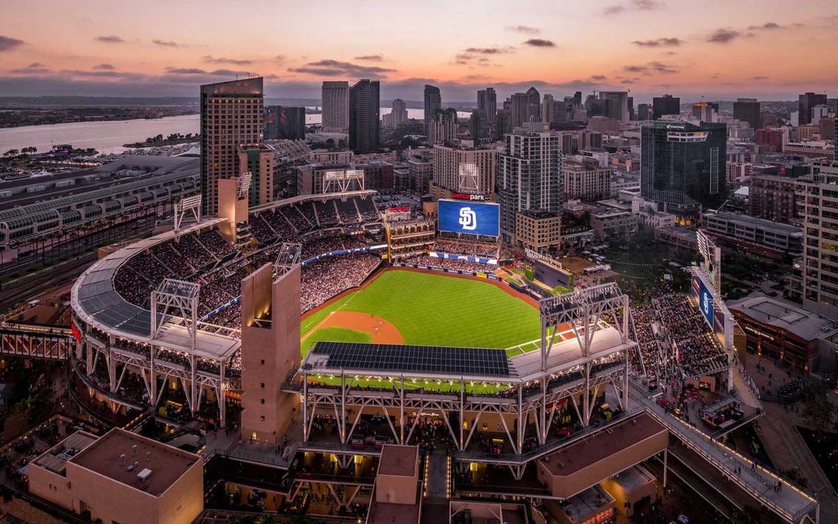 Aerial view of Petco Park in San Diego where professional baseball is played