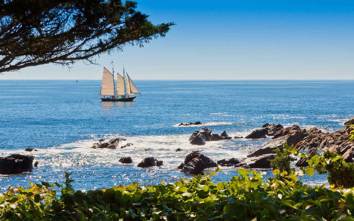 Sailboat sailing in Atlantic Ocean near Kennebunkport, Maine.