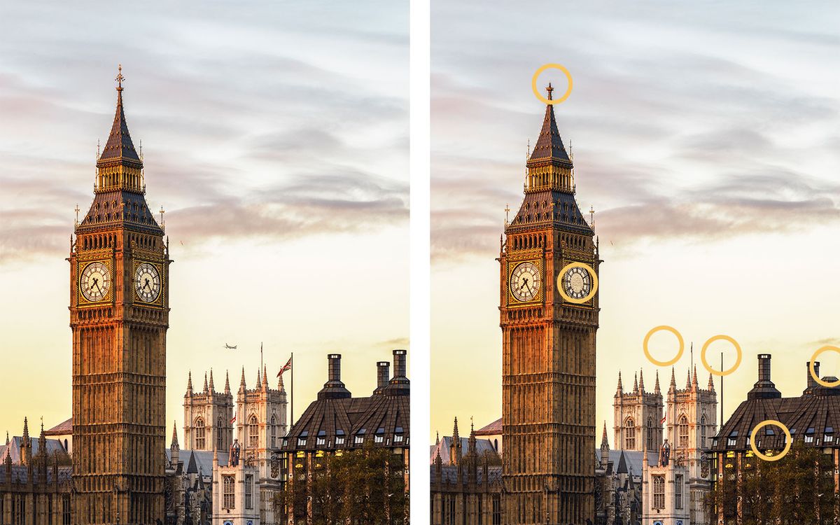 Big Ben clock tower in London. Two of the same images showing the difference.