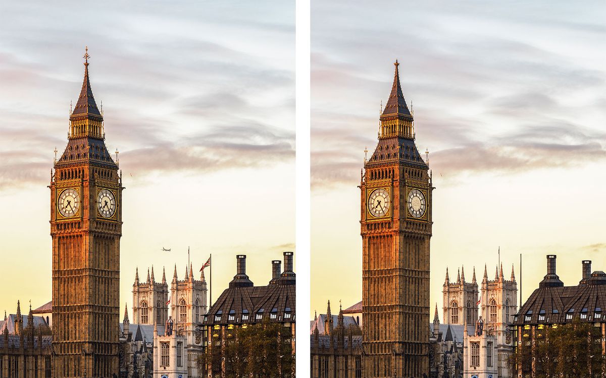 Big Ben clock tower in London. Two of the same images, find the differences